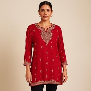 Elegant Red Embroidered Women's Top